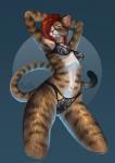 anthro arms_above_head clothed clothing female fur green_eyes hair hair_over_eye kneeling lingerie navel nipples one_eye_obstructed pose red_hair simple_background skimpy smile solo striped_body striped_fur stripes danawolfin domestic_cat felid feline felis mammal absurd_res hi_res