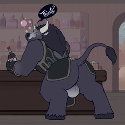 alcohol anthro balls beverage bubble butt clothed clothing dialogue drunk drunk_bubble genitals hooves horn looking_back male partially_clothed raised_tail solo speech_bubble substance_intoxication tail tavern text covertcanine blizzard_entertainment european_mythology greek_mythology mythology warcraft bovid bovine mammal minotaur tauren 1:1 absurd_res english_text hi_res letterbox