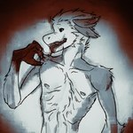 2024 anthro biped black_sclera blood bodily_fluids dragon fioobsie fur furred_dragon furred_scalie grey_body grey_fur hi_res horror_(theme) looking_at_viewer male mythological_creature mythological_scalie mythology nude_anthro nude_male scalie skinny_anthro skinny_male solo white_body white_eyes white_fur