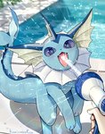 3_toes ambiguous_gender big_tail black_nose blue_body blue_eyes blue_sclera blue_skin blue_tail cute_fangs day detailed_background disembodied_hand duo ear_fins fangs feet feral feral_focus fin first_person_view frill_(anatomy) front_view head_fin holding_hose hose human_pov kemono looking_at_viewer neck_frill on_hind_legs open_mouth outside pink_tongue quadruped solo_focus spraying_water standing swimming_pool tail tail_fin teeth toes tongue water wet kaminokefusa nintendo pokemon eeveelution generation_1_pokemon human mammal marine pokemon_(species) vaporeon 2024 colored full-length_portrait hi_res portrait shaded signature