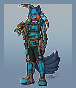 anthro armor blue_armor blue_body blue_fur brown_pupils fin full_body_suit fur head_tuft holding_object male miner orange_eyes orange_gills persim_scarf pickaxe pupils serious_face simple_background solo standing tail tail_fin tuft stormiehills deep_rock_galactic ghost_ship_games nintendo pokemon xevy canid canine canis generation_3_pokemon hybrid mammal pokemon_(species) swampert wolf absurd_res full-length_portrait hi_res portrait
