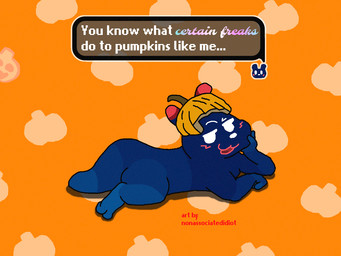 2_toes ambiguous_gender blush blush_lines ears_up ellipsis eyebrows feet food fruit hand_on_cheek lgbt_pride looking_at_viewer lying_on_ground on_ground open_mouth orange_background plant pride_color_text pride_colors pumpkin pumpkin_hat pumpkin_stem raised_eyebrow red_text shadow simple_background solo tail text text_box toes transgender_pride_colors white_eyes white_nose nonassociatedidiot rain_world videocult inv_(rain_world) mammal slugcat 2025 4:3 artist_name colored digital_drawing_(artwork) digital_media_(artwork) english_text