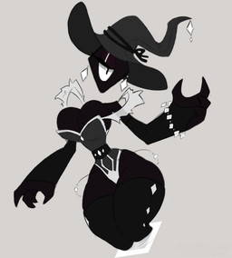 1_eye 4_fingers armwear big_breasts black_armwear black_body black_breasts black_bridal_gauntlets black_clothing black_eyes black_legwear black_skin black_thigh_highs breasts bridal_gauntlets cleavage cleavage_overflow clothed clothing ear_piercing ear_ring eyelashes female fingers floating_head grey_background grey_clothing grey_hat grey_headwear half-closed_eyes hat headgear headwear legwear looking_at_viewer narrowed_eyes not_furry piercing ring_piercing simple_background small_waist solo thick_thighs thigh_highs white_sclera wide_hipped_female wide_hipped_humanoid wide_hips witch_hat jinx_doodle prisma_(fr0gv0re) humanoid shape_head greyscale monochrome