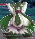 anthro areola big_breasts breast_curtains breasts eyebrows female fur green_areola green_body green_fur hands_behind_head huge_breasts looking_at_viewer purple_eyes solo text ai_od nintendo pokemon felid generation_9_pokemon mammal meowscarada pokemon_(species) 2023 absurd_res english_text hi_res