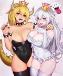 alternate_species big_breasts blonde_hair blue_eyes breasts cleavage clothed clothing collar crossgender crown duo female hair headgear horn humanoidized legwear long_hair simple_background super_crown text thigh_highs tongue tongue_out white_background white_hair sciamano240 bowsette_meme luigi's_mansion mario_bros nintendo boosette bowser king_boo animal_humanoid ghost humanoid koopa scalie spirit hi_res meme