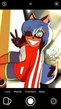 5_fingers anthro athletic_wear blue_body blue_hair blue_tail blurred_background bottomwear breasts brown_body brown_fur camera_phone cellphone claws clothed clothing dipstick_tail electronics eye_markings eyebrows eyelashes fangs female female_anthro fingers fluffy fluffy_tail footwear fully_clothed fur gesture green_eyes grin gym_bottomwear gym_shorts hair hand_gesture jacket logo looking_at_viewer markings multicolored_body multicolored_eyes multicolored_fur multicolored_hair multicolored_tail one_eye_closed orange_body pawpads paws phone photo pink_eyes purple_clothing red_clothing selfie shirt shoes short_hair shorts sitting sitting_on_rooftop smartphone smile smiling_at_viewer sneakers solo tail tail_markings teeth text thighs_together toothy_grin topwear track_jacket v_sign white_clothing wink winking_at_viewer featherdream brand_new_animal studio_trigger michiru_kagemori canid canine mammal raccoon_dog tanuki 2023 absurd_res artist_logo digital_media_(artwork) english_text hi_res portrait three-quarter_portrait watermark