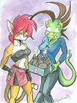 anthro bottomwear breasts brown_hair clothing duo female fur gift hair midriff non-mammal_breasts red_hair scared skirt sub-tympanic_shield tail lizardbeth lizardbeth_(character) maxine_(lizardbeth) arachnid arthropod cougar felid feline iguana iguanid lizard mammal reptile scalie spider