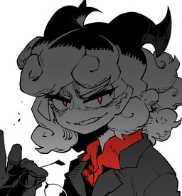 black_horn clothing curly_hair eyewear female glasses gloves grin hair handwear horn looking_at_viewer not_furry red_eyes shirt simple_background smile solo suit topwear white_background idohj12 helltaker pandemonica_(helltaker) demon demon_humanoid humanoid hi_res