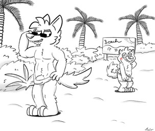 beach blush blush_lines bulge clothing duo embarrassed erection erection_under_clothing eyes_closed eyewear grin male male/male muscular narrowed_eyes palm_tree plant shrub sign slightly_chubby smile speedo standing sunglasses swimwear text tree conditional_dnp tinnier canid canine canis domestic_dog mammal shiba_inu spitz wolf black_and_white hi_res monochrome sketch