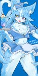2024 5_fingers ahoge anthro apron beverage big_breasts biped blue_background blue_body blue_bottomwear blue_clothing blue_fur blue_hair blue_skirt blue_suit blush blush_lines bottomwear breasts chest_tuft claws clothed clothing container crotch_lines crotch_tuft cup curvy_figure dipstick_tail domestic_cat eyebrow_through_hair eyebrows eyelashes eyelashes_through_hair fangs felid feline felis female fingers frilly frilly_bottomwear frilly_clothing frilly_skirt fur hair hat headgear headwear heterochromia hi_res hourglass_figure inner_ear_fluff japan_air_self-defense_force japanese_text kemono kikury long_hair looking_at_viewer male_(lore) mammal markings midriff military_cap multicolored_body navel omaneko_(jasdf) portrait red_eyes simple_background skirt small_waist solo suit tail tail_markings teeth text thick_thighs three-quarter_portrait translucent translucent_hair tuft two_tone_body white_apron white_clothing wide_hips yellow_eyes