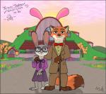 anthro barn bottomwear bow_(feature) bow_tie business_suit cane canid canine clothing digit_ring dipstick_ears dipstick_tail disney duo ear_markings eyewear farm female fox fur glasses hand_on_shoulder hi_res husband_and_wife hyenatig_(artist) jewelry judy_hopps lagomorph larger_male leporid looking_at_viewer male mammal markings married married_couple multicolored_ears multicolored_tail nick_wilde outside rabbit red_fox ring shirt size_difference skirt smaller_female smile standing story story_in_description suit tail tail_markings topwear true_fox wedding_ring zootopia
