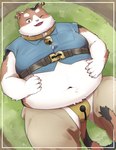 anthro belly big_belly blush brown_body brown_fur clothing fur kemono lying male navel one_eye_closed open_mouth overweight overweight_male shirt solo topwear underwear white_body white_fur wink en_1_9 domestic_cat felid feline felis mammal 2025 absurd_res hi_res