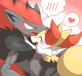 ambiguous_anthro ambiguous_gender annoyed anthro anthro_on_anthro biceps blush bodily_fluids cheek_tuft cute_fangs duo empty_eyes eyes_closed facial_tuft fangs hair happy heart_symbol hug inner_ear_fluff lying neck_tuft nude on_back open_mouth open_smile red_hair side_view simple_background size_difference smaller_on_top smile speech_bubble sweat sweatdrop teeth thought_bubble tuft makotoo nintendo pokemon desire_(icma) lir_(icma) braixen canid canine generation_5_pokemon generation_6_pokemon mammal pokemon_(species) zoroark 2017 pictographics