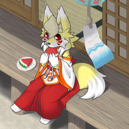 anthro asian_clothing biped blush bottomwear clothed clothing dipstick_tail dojo east_asian_clothing eating facial_markings female food fruit hakama head_markings holding_food holding_object japanese_clothing kemono looking_at_viewer markings melon miko_outfit plant plate red_bottomwear red_clothing red_eyes red_hakama seed shrine_maiden sitting solo tail tail_markings watermelon watermelon_slice kame_3 yun-chan_(kame_3) canid canine canis domestic_dog fox mammal 1:1 2011 hi_res japanese_description
