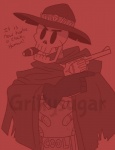 anterior_nasal_aperture belt bone cape cigar clothed clothing cosplay cowboy_hat gloves gun handgun handwear hat headgear headwear high_noon male not_furry ranged_weapon revolver skeleton skull smoke smoking solo text weapon grittysugar blizzard_entertainment overwatch undertale undertale_(series) cole_cassidy papyrus_(undertale) animated_skeleton humanoid undead crossover english_text