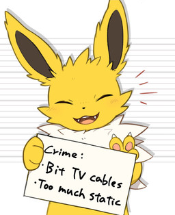 ambiguous_gender blush chart claws cute_fangs emanata eyes_closed fangs feral fur gesture hand_gesture happy height_chart holding_object holding_sign humor mugshot open_mouth pawpads paws ruff sign simple_background solo teeth text tongue v_sign white_body white_fur yellow_body yellow_fur inukami_hikari dogshaming nintendo pokemon eeveelution generation_1_pokemon jolteon pokemon_(species) 2026 digital_media_(artwork) english_text hi_res meme reaction_image