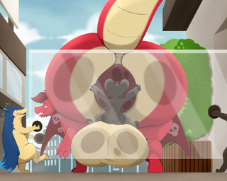 against_surface ambiguous_gender anthro anus back_wings backsack balls big_anus big_balls big_butt blush butt butt_squish dominant dominant_male face_in_ass facesitting feral genitals glass_surface huge_anus huge_balls huge_butt hyper hyper_anus hyper_balls hyper_butt hyper_genitalia larger_feral larger_male looking_back male male/ambiguous on_glass outside public puffy_anus pupils quadruped raised_tail rear_view semi-anthro sitting sitting_on_another sitting_on_balls size_difference skull_pattern slit_pupils smaller_anthro squish submissive submissive_ambiguous submissive_anthro tail wings yellow_sclera rikuaoshi mythology genjii_(character) jommy riku_(rikuaoshi) dragon mammal mythological_creature mythological_scalie scalie species_request 2025 hi_res