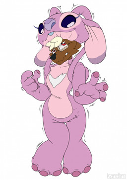 4_fingers ambiguous_gender antennae_(anatomy) anthro biped black_nose blonde_hair blue_tongue brown_body brown_fur chest_markings costume_transformation duo ears_down eyelashes fingers fur hair knock-kneed long_antennae markings pivoted_ears purple_eyes red_eyes shaking simple_background tongue trembling white_background kandlin disney lilo_and_stitch angel_(lilo_and_stitch) dell_the_deer alien animate_inanimate deer experiment_(lilo_and_stitch) living_clothing living_costume mammal 2023 digital_drawing_(artwork) digital_media_(artwork) flat_colors hi_res