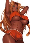 big_breasts blue_eyes bottomwear breasts clothing dark_body dark_skin female hotpants looking_at_viewer raised_arms shorts solo thick_thighs under_boob kevbot animal_humanoid cat_humanoid felid felid_humanoid feline feline_humanoid humanoid mammal mammal_humanoid