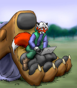 4_toes anthro biped black_body black_fur blue_eyes blurred_background boots bottomwear claws clothed clothing computer day dipstick_tail duo electronics extreme_size_difference feet footwear fully_clothed fur gloves hair handwear hindpaw laptop looking_down macro male markings multicolored_tail outside pants paws red_body red_fur shoes short_hair size_difference sky straddling sweater tail tail_markings toe_claws toes topwear vest white_body white_fur white_hair chaswari sasuke_starseeker canid canine fox mammal red_fox true_fox