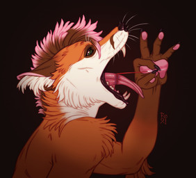 anthro arm_tuft black_background black_nose brown_body brown_fur brown_hair cheek_tuft elbow_tuft facial_tuft fur glistening glistening_eyes gore green_eyes hair logo male multicolored_hair nude open_mouth orange_body orange_fur pink_hair sewing_needle shoulder_tuft side_view simple_background solo stitch_(sewing) tuft two_tone_hair white_body white_fur riorix canid canine fox mammal 2022 artist_logo bust_portrait dated portrait