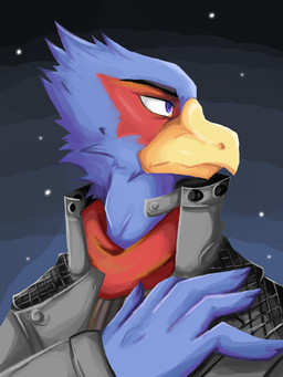 5_fingers anthro beak blue_body blue_eyes blue_feathers eyebrows feathers fingers head_tuft kerchief looking_aside male red_body red_feathers solo tuft atypi nintendo star_fox falco_lombardi avian bird 2015 3:4 absurd_res hi_res