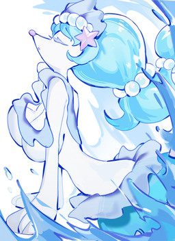 anthro blue_hair bouncing_breasts breasts eyelashes eyes_closed featureless_breasts female gem hair open_mouth pearl_(gem) simple_background solo split_form starfish_(accessory) water white_body chunniwa nintendo pokemon aquatic asterozoan echinoderm generation_7_pokemon pokemon_(species) primarina starfish 2026 absurd_res hi_res