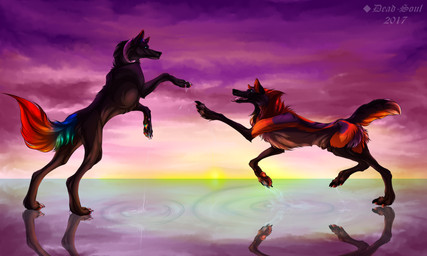 action_pose ambiguous_gender animal_genitalia blue_eyes brown_body brown_fur duo fangs feral fully_sheathed fur genitals horn markings multicolored_body multicolored_fur open_mouth orange_body orange_fur pink_tongue playful pose purple_horn purple_markings quadruped red_body red_fur sheath side_view teeth text tongue water msdeadsoul canid canine mammal 2017 5:3 absurd_res artist_name dated hi_res