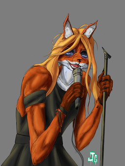 anthro blue_eyes clothing dress electronics female fur hair inner_ear_fluff microphone open_mouth orange_body orange_fur solo tuft jadegreen1186 canid canine fox mammal