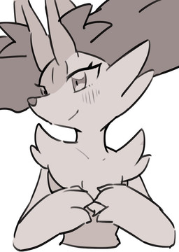 3_fingers anthro arm_tuft biped blush blush_lines breasts cheek_tuft chest_tuft eyelashes facial_tuft featureless_breasts female female_anthro fingers fluffy front_view fur inner_ear_fluff markings multicolored_body multicolored_fur neck_tuft nude nude_anthro nude_female pointy_ears prick_ears shoulder_tuft simple_background smile snout solo standing tapering_snout tuft white_background white_body white_fur white_hands white_sclera yakiniku628 nintendo pokemon braixen canid generation_6_pokemon mammal pokemon_(species) 2026 colored colored_sketch digital_drawing_(artwork) digital_media_(artwork) flat_colors half-length_portrait monochrome portrait sketch