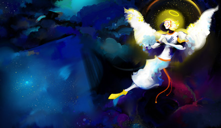 athletic athletic_female athletic_humanoid aureola blue_clouds blue_sky bottomwear clothed clothing cloud cosmic_background dress eyes_closed feathered_wings feathers female fingers flat_chested fluffy_wings flying footwear hair halo hand_on_chest lace light long_skirt looking_down nebula night not_furry one_eye_closed open_wings outside purple_cloud purple_clouds red_clouds red_eyes shirt shoes short_hair skinny skinny_female skinny_humanoid skirt sky skyscape slim small_waist smile solo space space_background star topwear white_body white_hair white_skin white_wings wings yellow_clothing yellow_footwear yellow_shoes bim-parsimony mythology angel angel_humanoid humanoid mythological_creature winged_humanoid 2025 colored digital_drawing_(artwork) digital_media_(artwork) hi_res lighting shaded sketch unfinished