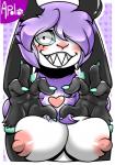 4_fingers anthro big_breasts blush breasts female fingers fluffy grin heart_symbol horn mature_anthro mature_female nails nipples smile solo teeth text apolo18 darina bovid caprine demon goat mammal monster 2017