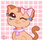 :3 blue_eyes blush collar ear_bow ear_piercing female feral fur one_eye_closed piercing smile solo tail toony wink nullkunstt hasbro littlest_pet_shop lps_1024 domestic_cat felid feline felis mammal hi_res