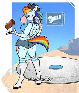 abstract_background anthro anthrofied baseball_bat baseball_cap bat_(object) big_breasts blue_body blue_bottomwear blue_clothing blue_crop_top blue_fur blue_hotpants blue_shirt blue_shorts blue_topwear bottomwear breasts brick bubble_gum butt clothing cosplay crop_top crossover_cosplay curvy_figure cutie_mark eyelashes feathered_wings feathers female fluffy fluffy_tail fur hand_wraps hat headgear headwear hooves hotpants long_socks long_tail mane multicolored_mane multicolored_tail pink_eyes rainbow_mane rainbow_tail shirt shorts solo tail text thick_thighs topwear voluptuous voluptuous_anthro voluptuous_female wide_hipped_anthro wide_hipped_female wide_hips wings wraps aabramsart friendship_is_magic hasbro my_little_pony mythology team_fortress_2 valve rainbow_dash_(mlp) scout_(team_fortress_2) equid equine mammal mythological_creature mythological_equine pegasus 2026 artist_name crossover digital_drawing_(artwork) digital_media_(artwork) hi_res watermark