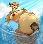 anthro anthrofied areola belly big_belly big_breasts bodily_fluids breasts brown_areola brown_nipples female genitals hand_on_belly hand_on_breast lactating navel nipples nude pregnant pussy red_eyes smile solo water yellow_sclera dollylolly disney the_lion_king zira_(the_lion_king) felid lion mammal pantherine hi_res