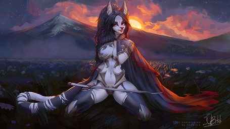 anthro armor black_hair breasts bridge_piercing cape cloak clothing dark_hair dark_nose detailed_background dust ear_piercing ear_ring facial_piercing female female_armor field flesh_tunnel flower fur garter_straps gauged_ear grey_body grey_fur grey_hair hair katana knight laps legwear lip_piercing long_tail mantle melee_weapon mountain navel navel_piercing nose_piercing nose_ring patreon_artist piercing pink_leap plant red_eyes ring_piercing septum_piercing small_waist solo stockings stripes sunrise sunset sword tail thin_neck thin_tail waist warrior weapon white_body white_fur wide_hips conditional_dnp sadbitch canid canine hybrid mammal 16:9 digital_drawing_(artwork) digital_media_(artwork) digital_painting_(artwork) painting_(artwork) widescreen