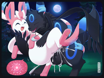 abdominal_bulge amber_eyes animal_genitalia animal_penis balls belly big_balls big_belly black_body black_fur blue_eyes blush bodily_fluids bow_(anatomy) canine_genitalia canine_penis claws cum cum_in_vagina cum_inflation cum_inside duo excessive_cum excessive_genital_fluids eyes_closed female feral forest_background from_behind_position full_moon fur genital_fluids genitals grass huge_balls huge_belly impregnation inflation jewelry male male/female moon necklace night open_mouth ovum pawpads paws penetration penis pink_body pink_fur plant precum raised_leg red_penis ribbons scarf sex sperm_cell sweat tongue tongue_out vaginal vaginal_penetration white_body white_fur nikkibunn nintendo pokemon eclipse_the_alpha_umbreon eeveelution generation_2_pokemon generation_6_pokemon pokemon_(species) shiny_pokemon sylveon umbreon 4:3 absurd_res hi_res