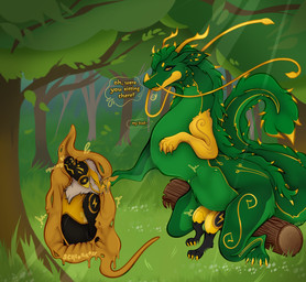 abdominal_bulge almost_fully_inside anal anal_penetration anal_vore anthro anthro_prey bodily_noises butt claws colored_flesh detailed_background dialogue duo extreme_size_difference feral feral_pred forest forest_background head_first internal machine male male/male male_prey nature nature_background onomatopoeia outside partially_inside penetration plant sitting sitting_on_another size_difference sound_effects speech_bubble tail text tree vocalization vore makar-ro mythology dragon eastern_dragon mythological_creature mythological_scalie protogen scalie absurd_res english_text hi_res