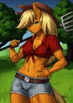 abs anthro athletic athletic_female belt belt_buckle blonde_hair bottomwear breasts buckle clothing female grass green_eyes hair hand_on_hip hat headgear headwear holding_object hotpants long_hair looking_at_viewer medium_breasts midriff minishorts outside pitchfork plant shorts simple_background sky smile solo tools tree za-owl friendship_is_magic hasbro my_little_pony applejack_(mlp) equid equine horse mammal pony 2024 absurd_res digital_drawing_(artwork) digital_media_(artwork) hi_res