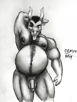 anthro balls belly belly_hair big_belly black_hair body_hair chest_hair ear_piercing ear_ring facial_piercing genitals hair happy_trail male muscular muscular_male navel nipples nose_piercing nose_ring nude one_eye_closed penis piercing pregnant pregnant_male ring_piercing septum_piercing septum_ring solo tongue tongue_out demden_(artist) european_mythology greek_mythology mythology bovid bovine cattle mammal minotaur 2019 hi_res traditional_media_(artwork)