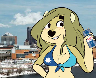 alcohol anthro beer beverage bikini black_eyes blush braces breasts building city cityscape clothing cloud eyebrows female flag_bikini flag_swimwear green_hair hair horn medium_breasts minnesota minnesota_flag navel navel_piercing outside photo_background piercing plant slightly_chubby slightly_chubby_female smile snow st_paul swimwear tree two-piece_swimsuit sprockeyart maggie_hudson bovid bovine canid canine canis cattle domestic_dog hybrid mammal absurd_res hi_res mixed_media photography_(artwork)