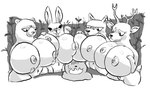 anthro big_breasts breasts female forest group huge_breasts male male/female nipples nude plant thick_thighs tree simplybobcat anon anonymous bear canid canine canis deer lagomorph leporid mammal rabbit wolf black_and_white hi_res monochrome sketch