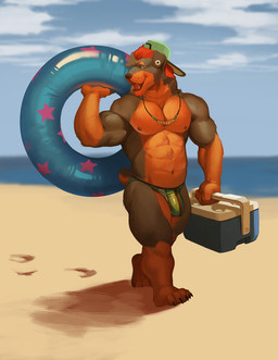abs anthro backwards_hat beach bulge clothing cloud cooler ear_piercing eyebrow_piercing facial_piercing footprint hair hat headgear headwear holding_object jewelry male muscular muscular_anthro muscular_arms muscular_legs muscular_male necklace nipples open_mouth pecs piercing pool_float red_hair sand shadow sky smile solo speedo swimwear tail teeth tongue water kristakeshi jaren_(kristakeshi) canid canine canis domestic_dog mammal mastiff molosser rottweiler
