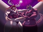 abs anthro antlers balls barazoku biceps browncatfeoc's clothing duo erection fur genitals half_clothed horn male male/male muscular muscular_anthro muscular_male nipples nude pecs penis shirt text text_on_clothing text_on_shirt text_on_topwear topwear browncatfe hooters canid canine deer fox mammal 4:3 digital_media_(artwork)