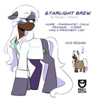 clothing coat cutie_mark earth_pony english_text equid equine fan_character feral green_eyes hair hasbro hi_res horse lab_coat long_tail mammal mask model_sheet my_little_pony pony redxbacon starlight_brew_(oc) tail text topwear white_hair white_tail