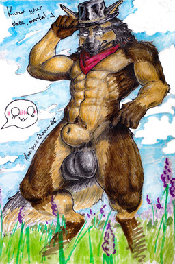 angry animal_genitalia anthro balls big_balls clothing cowboy genitals hat headgear headwear male muscular nude nude_anthro saggy_balls sheath solo solo_focus anxiousboar canid canine canis domestic_dog german_shepherd herding_dog mammal pastoral_dog absurd_res hi_res marker_(artwork) traditional_media_(artwork)
