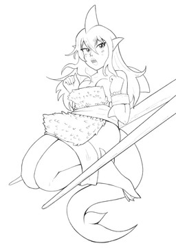 anthro arms_tied bound bracelet chopsticks female fin food hair head_fin jewelry legs_tied open_mouth rice seaweed solo tail nekorama clementine_(spirit_shadow) aquatic fish shark absurd_res black_and_white hi_res monochrome sketch