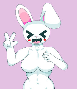 anthro belly blush blush_stickers breasts featureless_breasts female gesture hand_gesture hand_on_breast happy nude solo v_sign cool_cola lagomorph leporid mammal rabbit digital_media_(artwork) microsoft_paint_(artwork)