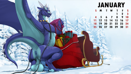 anus balls big_balls big_butt big_penis black_sclera blue_anus blue_knot blue_penis box butt calendar calendar_graphic calendar_pinup container erection feral genitals gift gift_box holidays horn january_(month) knot looking_at_viewer male penis perineum purple_eyes raised_tail ridged_knotted_penis ridged_penis santa's_sleigh sleigh snow solo tail text white_horn ishiru christmas mythology dimitri_(anthrodragon) dragon mythological_creature mythological_scalie scalie english_text hi_res