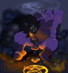 anthro balls black_body black_fur cigar duo erection fur genitals glowing glowing_eyes humanoid_genitalia humanoid_penis long_tongue male male/male muscular muscular_anthro muscular_male nipples occult_symbol oral overweight overweight_anthro overweight_male penis pentagram purple_body purple_fur smoke symbol tongue tongue_out conditional_dnp erobos leliel demon domestic_cat felid feline felis mammal hi_res